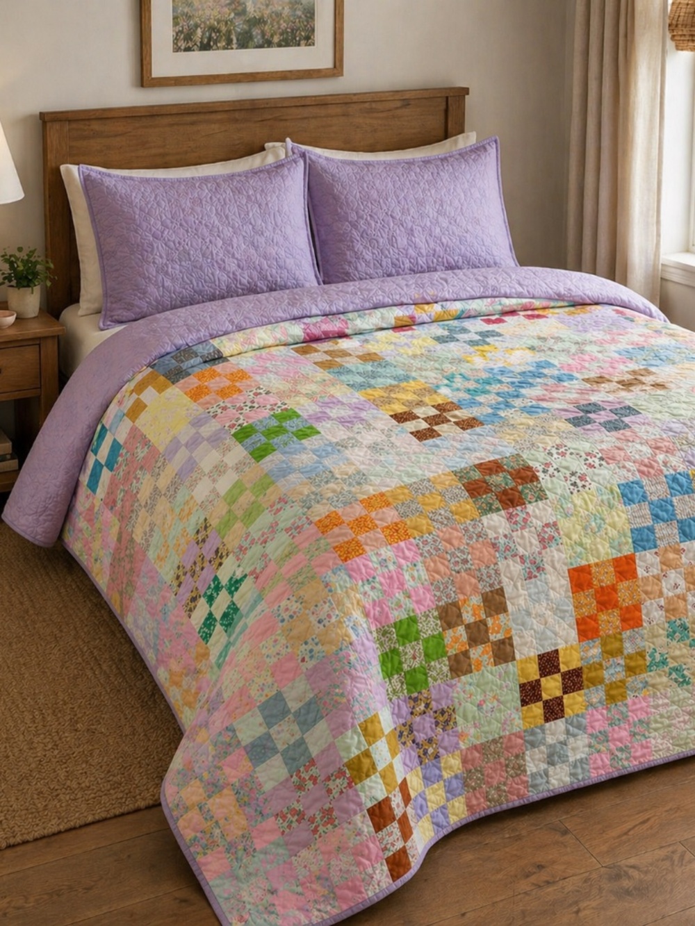 Vintage Handmade Patchwork Quilt – Reversible Pastel Floral Quilt 77x93